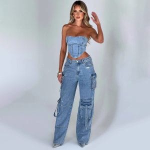Low Waist Three-Dimensional Tube Top and Pocket Stitching Jeans Pants Set