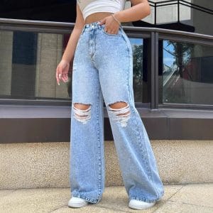 Ripped Washed Jeans Loose Straight Wide Leg Fit